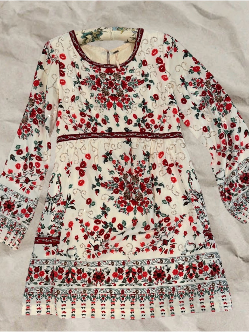 Free People Cream Red Floral Sequin Embroidered Boho Mini Dress